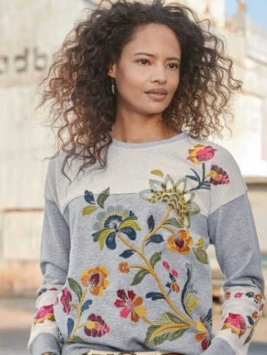 Johnny Was Tops - Nice sz L Johnny Was Vanessa Gray Floral Embroidered Relaxed Sweatshirt